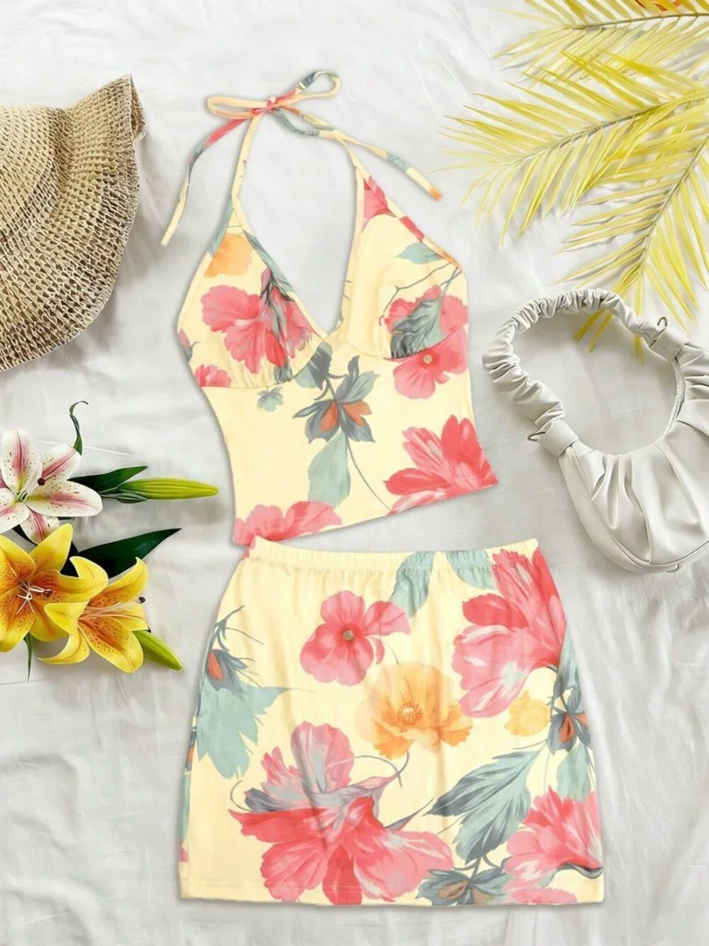 Multicolor Boho Women's Floral Spaghetti Strap Crop Top & Bodycon Mini Skirt Set